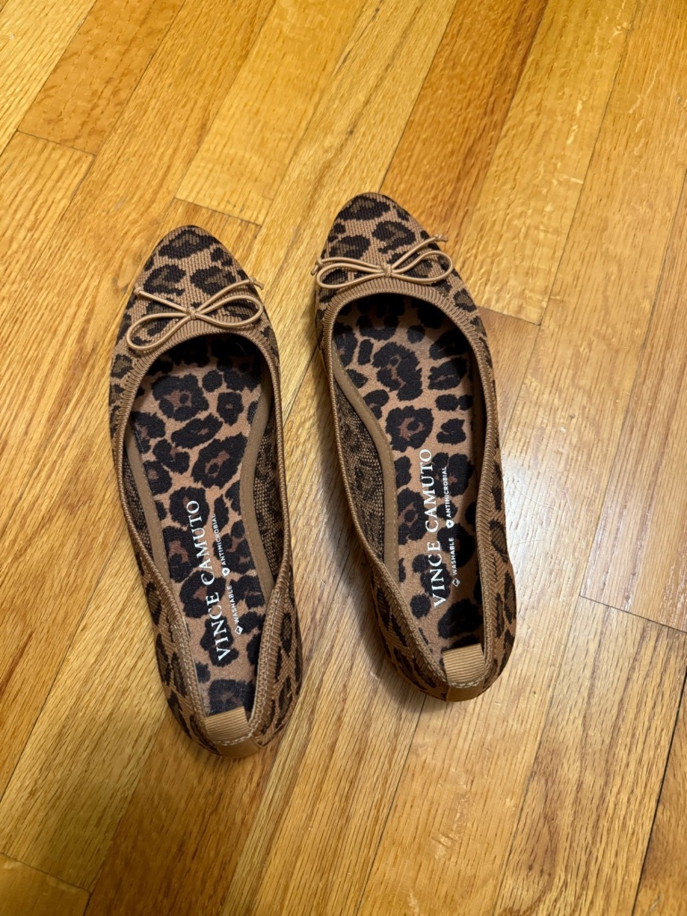 Vince Camuto Leopard Print Brown Knit Ballet Flats with Bow Trim